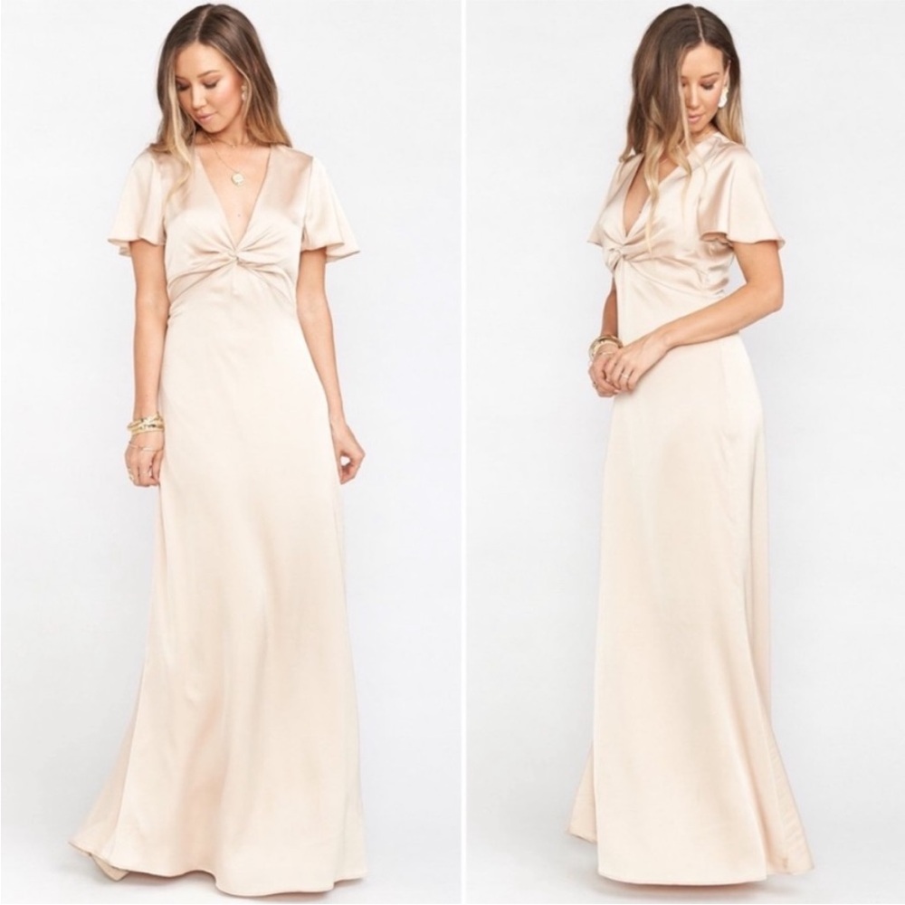 SHOW ME YOUR MUMU Rome Twist Gown Champagne Maxi Flutter Sleeve Wedding Dress